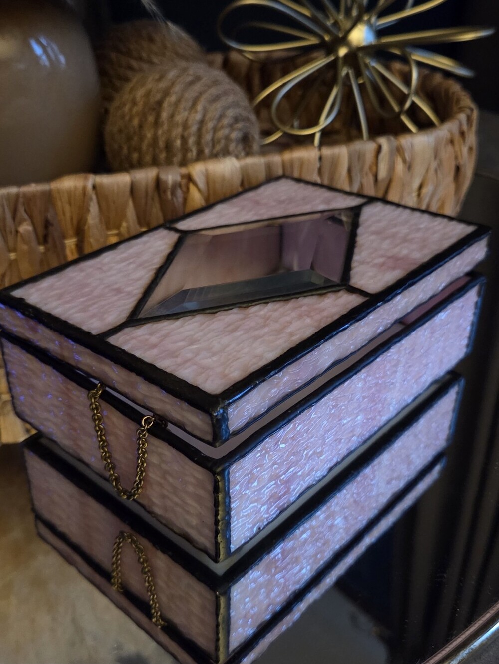 Pink Stained Glass Jewelry Box Beveled Glass Trinket Keepsake Box